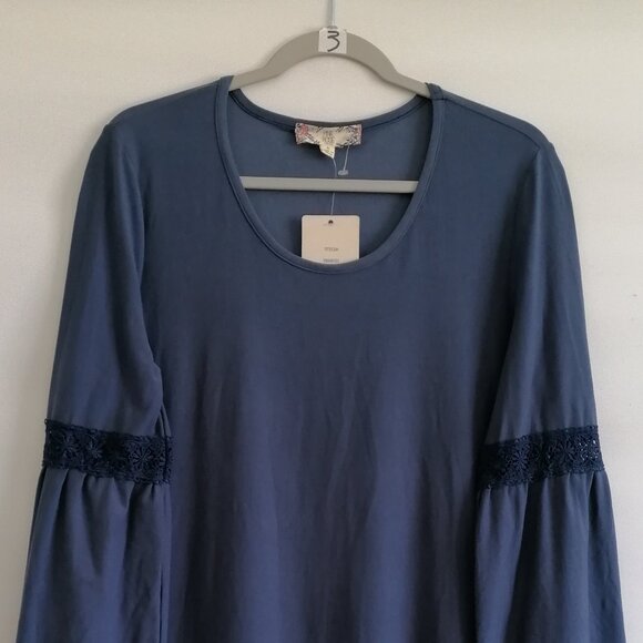NWT Vintage Pink Rose Womens Blue Bell Sleeve Boho Tunic Mini Dress Size Large - Picture 2 of 7
